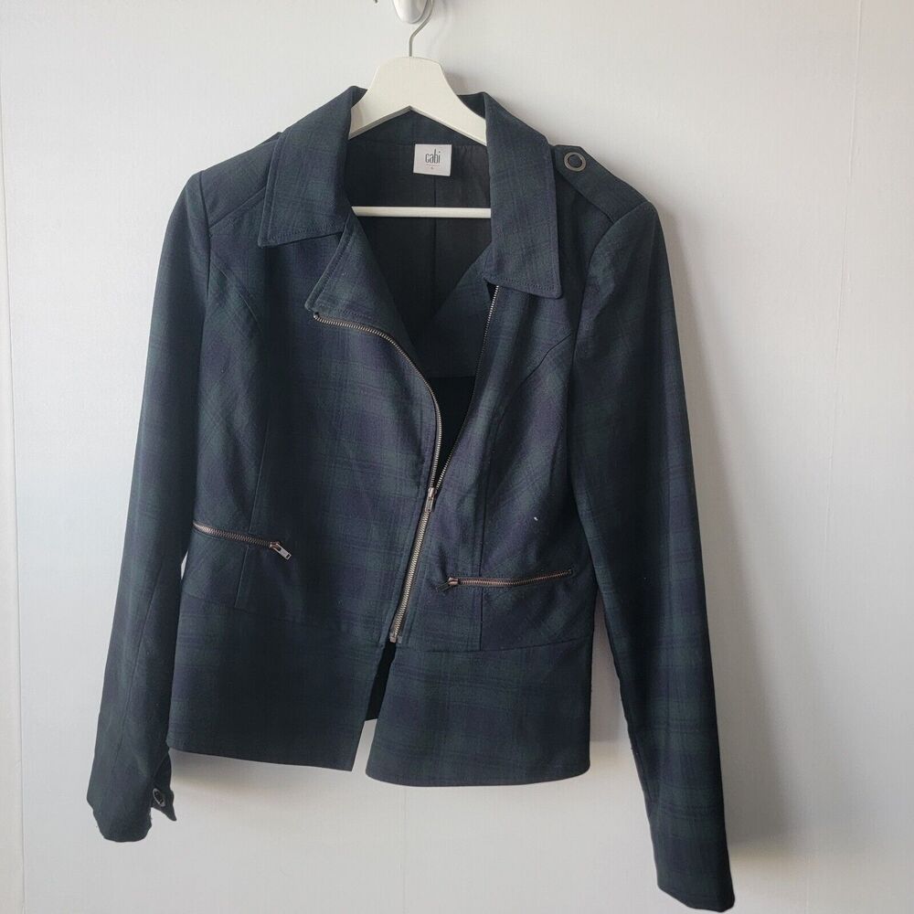Cabi 3181 Tartan Plaid Moto Jacket Navy Green Asymmetrical Zip size 6‎